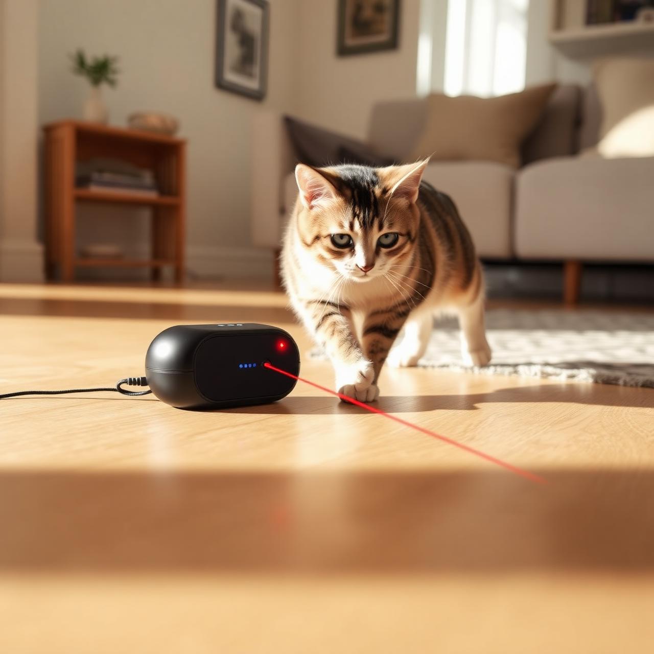 Cat playing with automatic LED laser toy on a wood floor