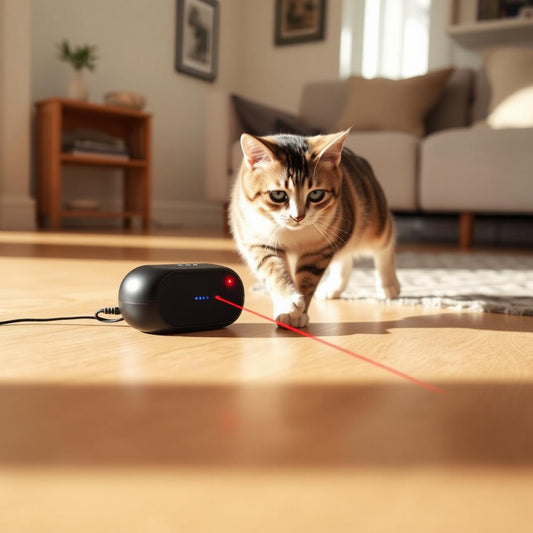 Cat playing with automatic LED laser toy on a wood floor